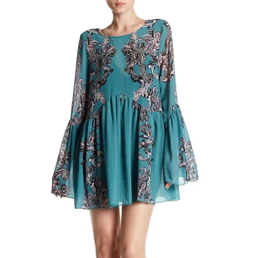 Intimately Free People Symphony Jade Combo Printed Bell Sleeve Slip Dress Sz S